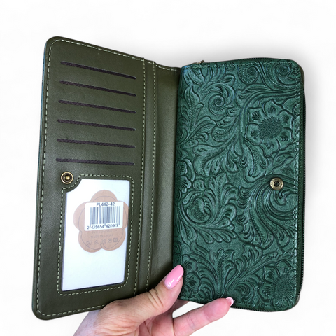 Large GREEN PU Leather Cotton Road Wallet with EMBOSSED Pattern detailing
