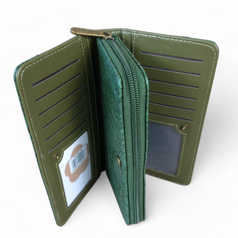Large GREEN PU Leather Cotton Road Wallet with EMBOSSED Pattern detailing