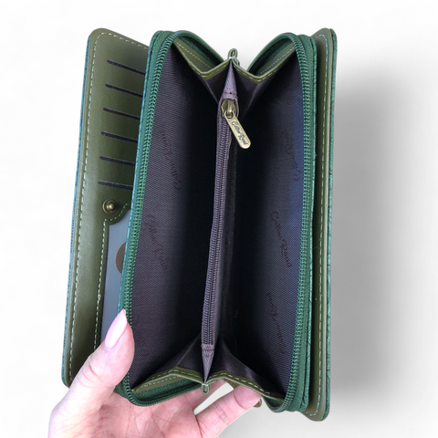 Large GREEN PU Leather Cotton Road Wallet with EMBOSSED Pattern detailing