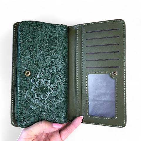Large GREEN PU Leather Cotton Road Wallet with EMBOSSED Pattern detailing