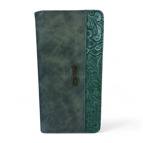 Large GREEN PU Leather Cotton Road Wallet with EMBOSSED Pattern detailing