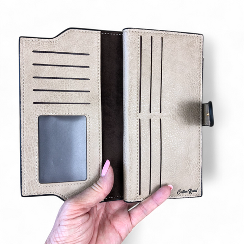 Large KHAKI Cotton Road PU Leather Wallet with CLIP