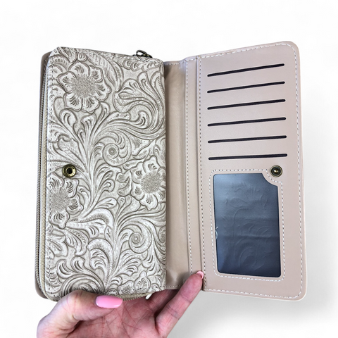 Large KHAKI PU Leather Cotton Road Wallet with EMBOSSED Pattern detailing