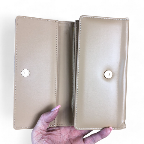 Large KHAKI Tri-fold PU Leather Cotton Road Wallet with PATTERNED Panel