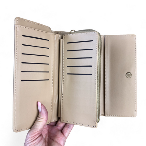 Large KHAKI Tri-fold PU Leather Cotton Road Wallet with PATTERNED Panel