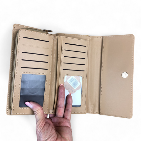 Large KHAKI Tri-fold PU Leather Cotton Road Wallet with PATTERNED Panel