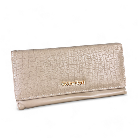 Large KHAKI Tri-fold PU Leather Cotton Road Wallet with PATTERNED Panel