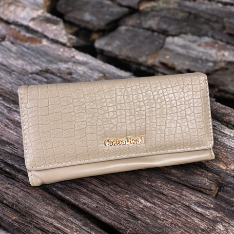 Large KHAKI Tri-fold PU Leather Cotton Road Wallet with PATTERNED Panel