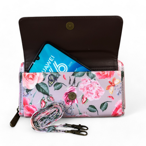 Large PINK Cotton Road PVC Cellphone Sling Wallet with FLOWERS