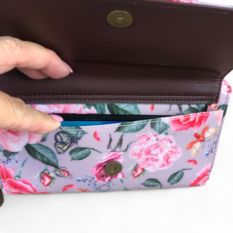 Large PINK Cotton Road PVC Cellphone Sling Wallet with FLOWERS