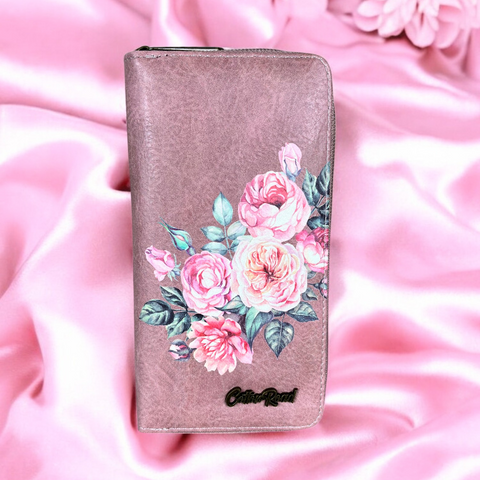 Large PINK PU LEATHER Cotton Road Wallet with FLOWERS