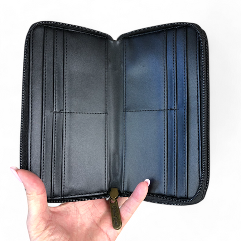 Large Printed CHARCOAL BLACK PU Leather Cotton Road Wallet with TAN Trim