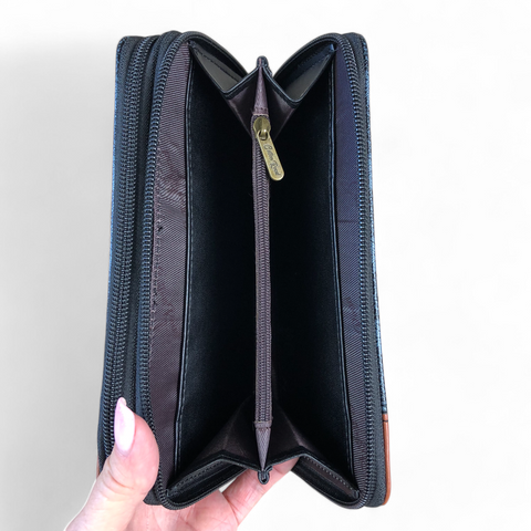 Large Printed CHARCOAL BLACK PU Leather Cotton Road Wallet with TAN Trim