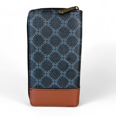 Large Printed CHARCOAL BLACK PU Leather Cotton Road Wallet with TAN Trim