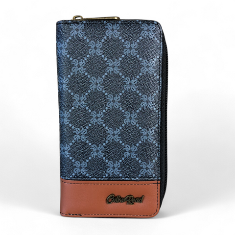 Large Printed CHARCOAL BLACK PU Leather Cotton Road Wallet with TAN Trim