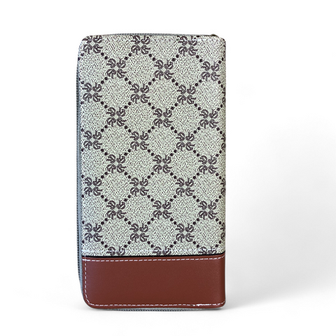 Large Printed KHAKI PU Leather Cotton Road Wallet with TAN Trim