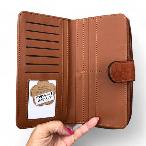 Large TAN BROWN Cotton Road PU Leather Wallet with Clip