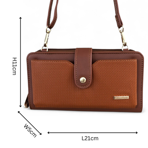 Large TAN BROWN PU Leather Cotton Road Cellphone Sling Wallet with PATTERNED Pocket