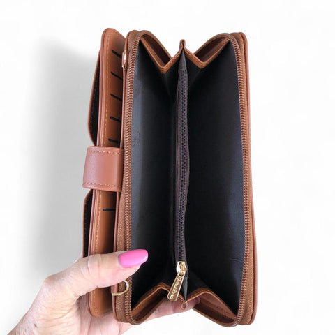 Large TAN BROWN PU Leather Cotton Road Cellphone Sling Wallet with PATTERNED Pocket