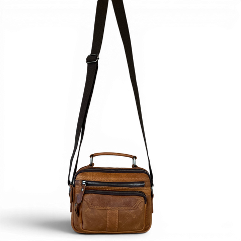 Camel genuine leather sling bag with zip compartments and adjustable strap