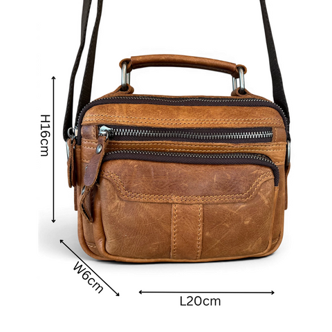 Vivace camel genuine leather sling bag with adjustable strap and multiple zip compartments