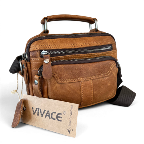 Vivace camel genuine leather sling bag with zip pockets and adjustable strap