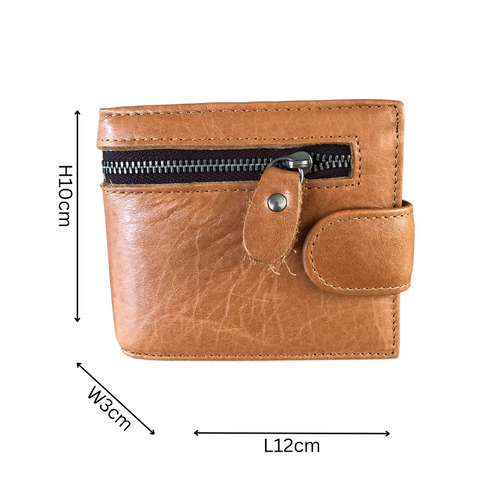 Leather Wallet: CAMEL VIVACE MENS Genuine Leather Wallet with Clip and Zip detailing