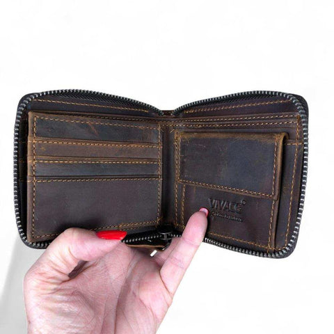 Leather Wallet: COFFEE BROWN VIVACE MENS Genuine Leather Wallet with ZIP