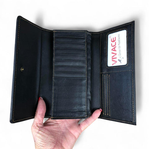 Leather Wallet: Large BLACK Tri-Fold VIVACE Genuine Leather Wallet