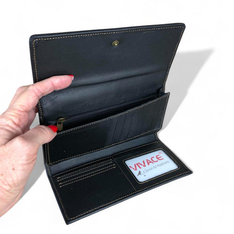 Leather Wallet: Large BLACK Tri-Fold VIVACE Genuine Leather Wallet