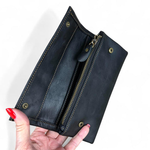 Leather Wallet: Large BLACK Tri-Fold VIVACE Genuine Leather Wallet with TOPSTITCH