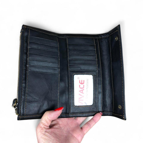 Leather Wallet: Large BLACK Tri-Fold VIVACE Genuine Leather Wallet with TOPSTITCH
