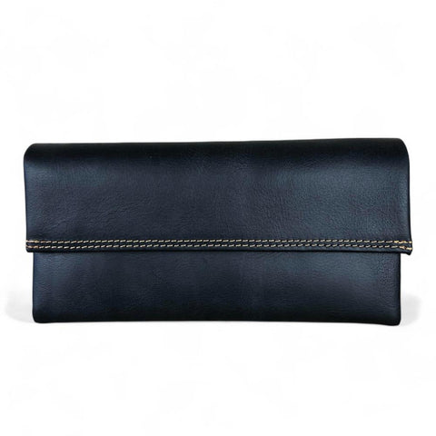 Leather Wallet: Large BLACK Tri-Fold VIVACE Genuine Leather Wallet with TOPSTITCH