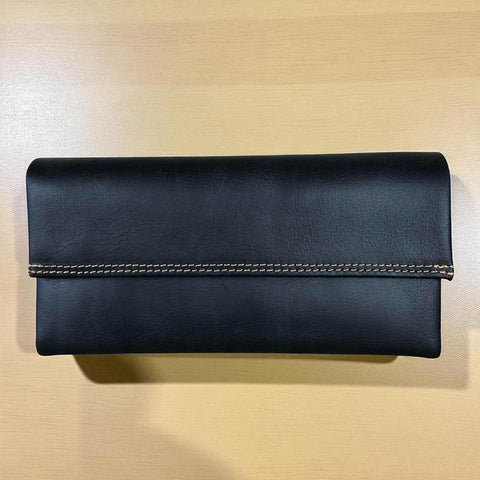 Leather Wallet: Large BLACK Tri-Fold VIVACE Genuine Leather Wallet with TOPSTITCH