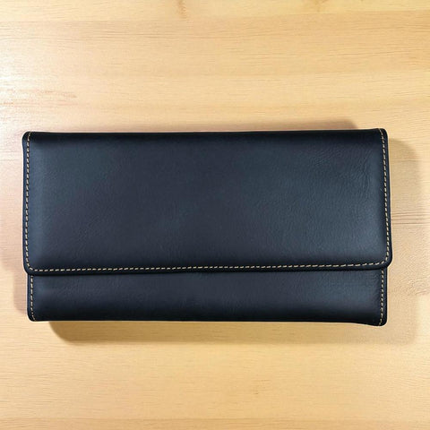 Leather Wallet: Large BLACK Tri-Fold VIVACE Genuine Leather Wallet
