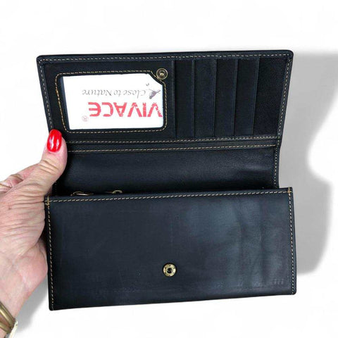 Leather Wallet: Large BLACK VIVACE Genuine Leather Wallet with Twin Zip Pockets