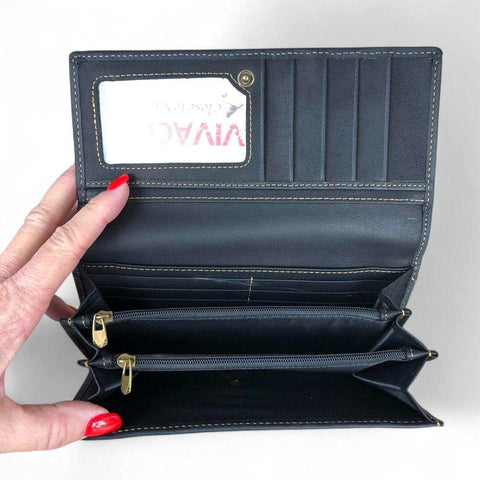 Leather Wallet: Large BLACK VIVACE Genuine Leather Wallet with Twin Zip Pockets