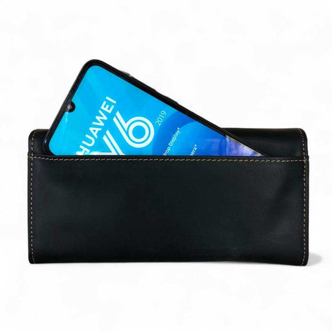 Leather Wallet: Large BLACK VIVACE Genuine Leather Wallet with Twin Zip Pockets