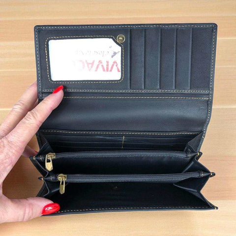 Leather Wallet: Large BLACK VIVACE Genuine Leather Wallet with Twin Zip Pockets