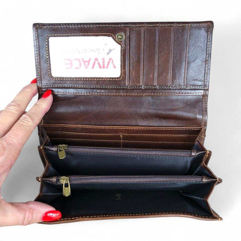 Leather Wallet: Large COFFEE BROWN VIVACE Genuine Leather Wallet with Twin Zip Pockets