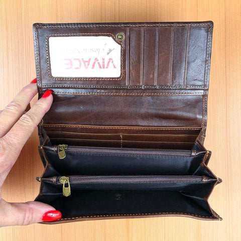Leather Wallet: Large COFFEE BROWN VIVACE Genuine Leather Wallet with Twin Zip Pockets