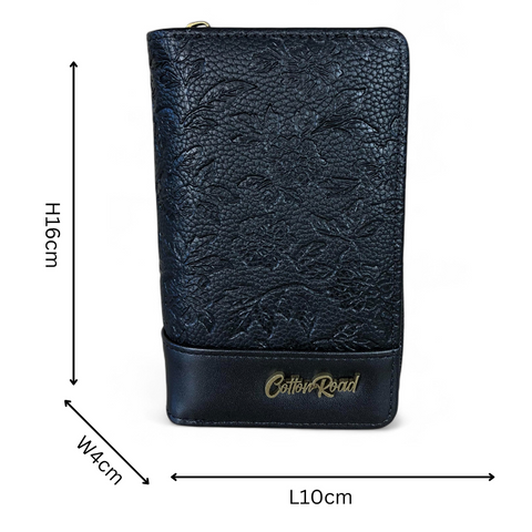 Medium BLACK PU Leather Cotton Road Wallet with FLORAL Panel
