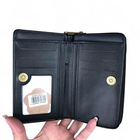 Medium BLACK PU Leather Cotton Road Wallet with FLORAL Panel