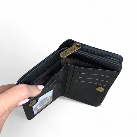 Medium BLACK PU Leather Cotton Road Wallet with FLORAL Panel