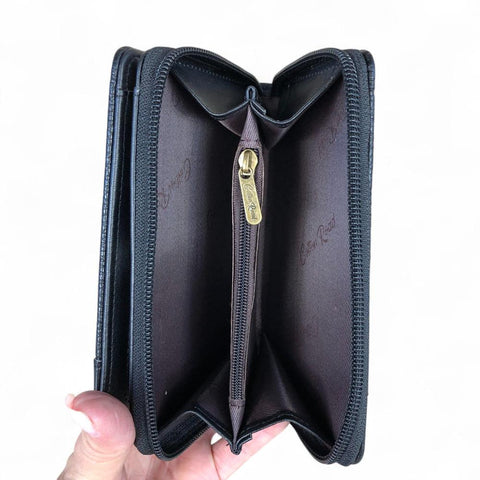 Medium BLACK PU Leather Cotton Road Wallet with FLORAL Panel