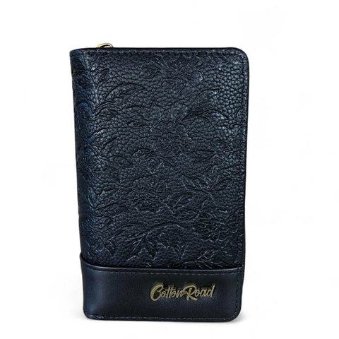 Medium BLACK PU Leather Cotton Road Wallet with FLORAL Panel