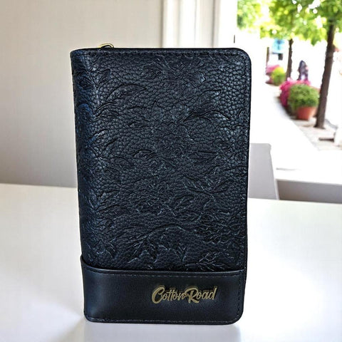 Medium BLACK PU Leather Cotton Road Wallet with FLORAL Panel