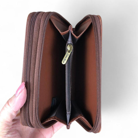 Medium BROWN Cotton Road PU Leather Wallet with EMBROIDERED PROTEA