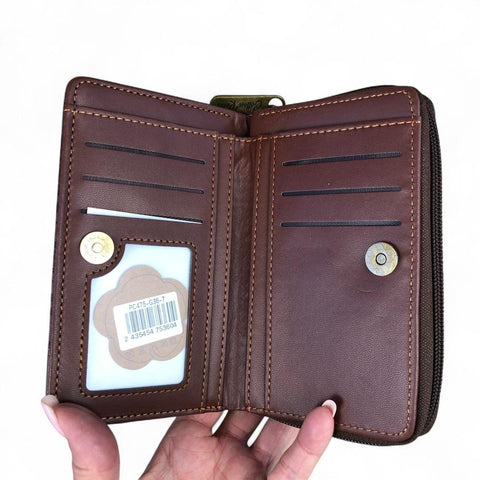 Medium BROWN PU Leather Cotton Road Wallet with FLORAL Panel