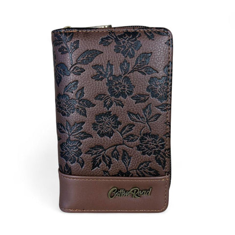 Medium BROWN PU Leather Cotton Road Wallet with FLORAL Panel
